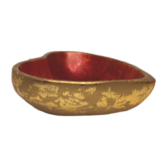 Wood Heart Shaped Bowl Red With Gold Leaf Jewelry Trinket Dish 6" x 6" x 2.5" - Picture 6 of 14